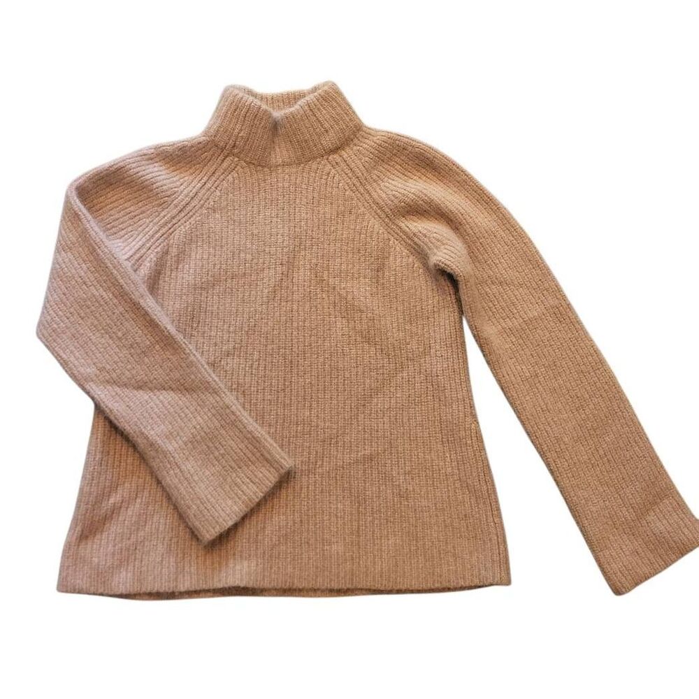 360 Cashmere Sweater Women's Small Tan Camel Mock Neck Ribbed Knit Soft Neutral